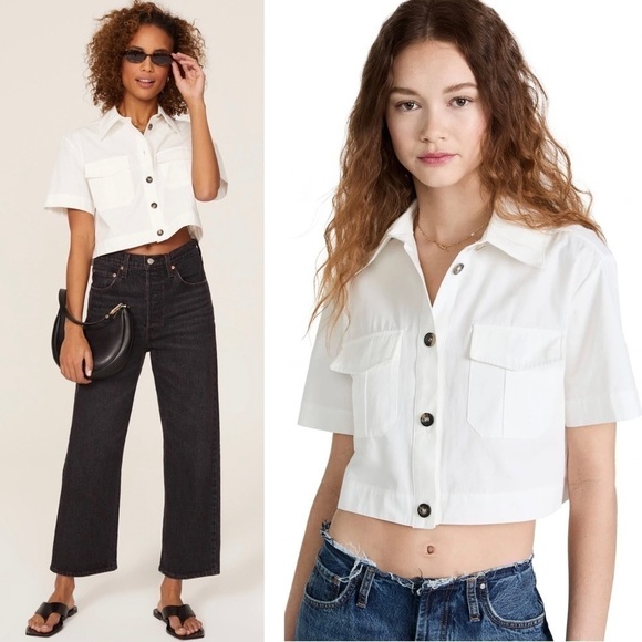 ANINE BING 90s Short Sleeve Cotton Poplin Button Up Crop Utility Camp Shirt XS - Picture 14 of 16